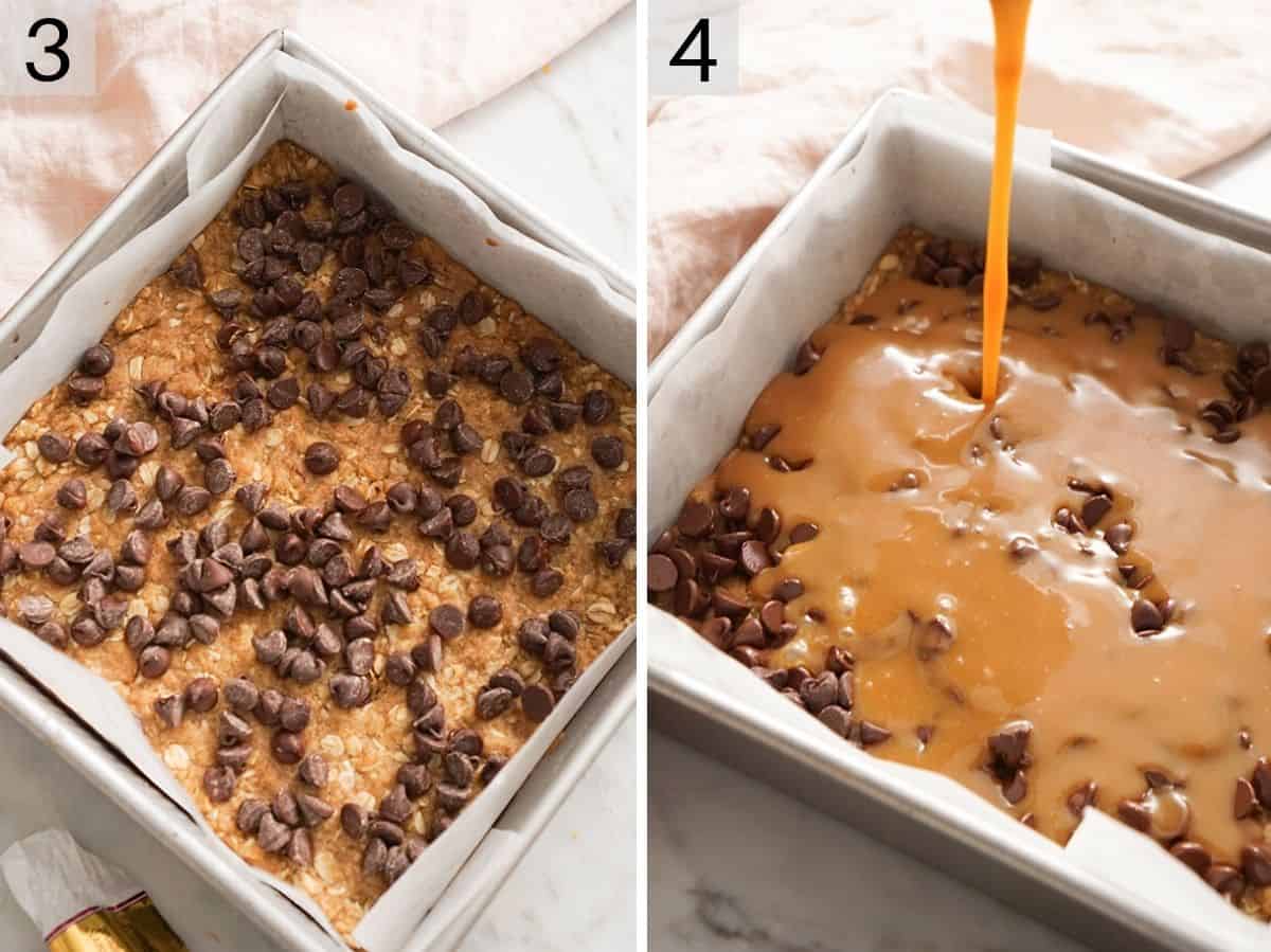 Set of two photos showing chocolate chips and caramel added to a baking dish. 