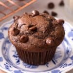 A close up of a chocolate muffin