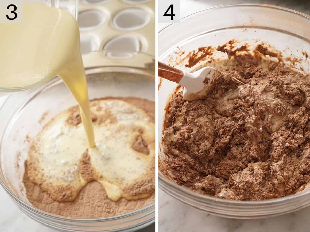 Two photos showing how to make chocolate muffins batter