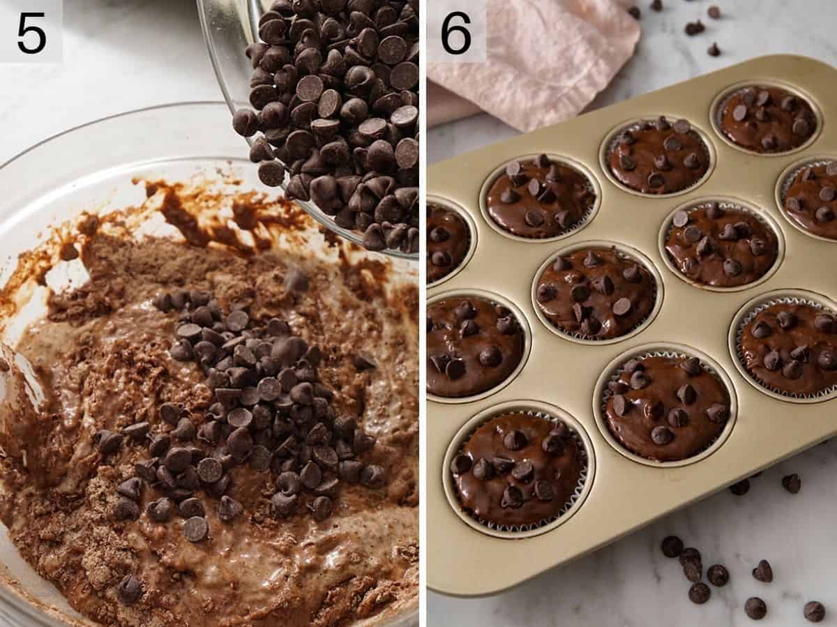 Adding chocolate chips to chocolate muffin batter and muffins ready to be baked