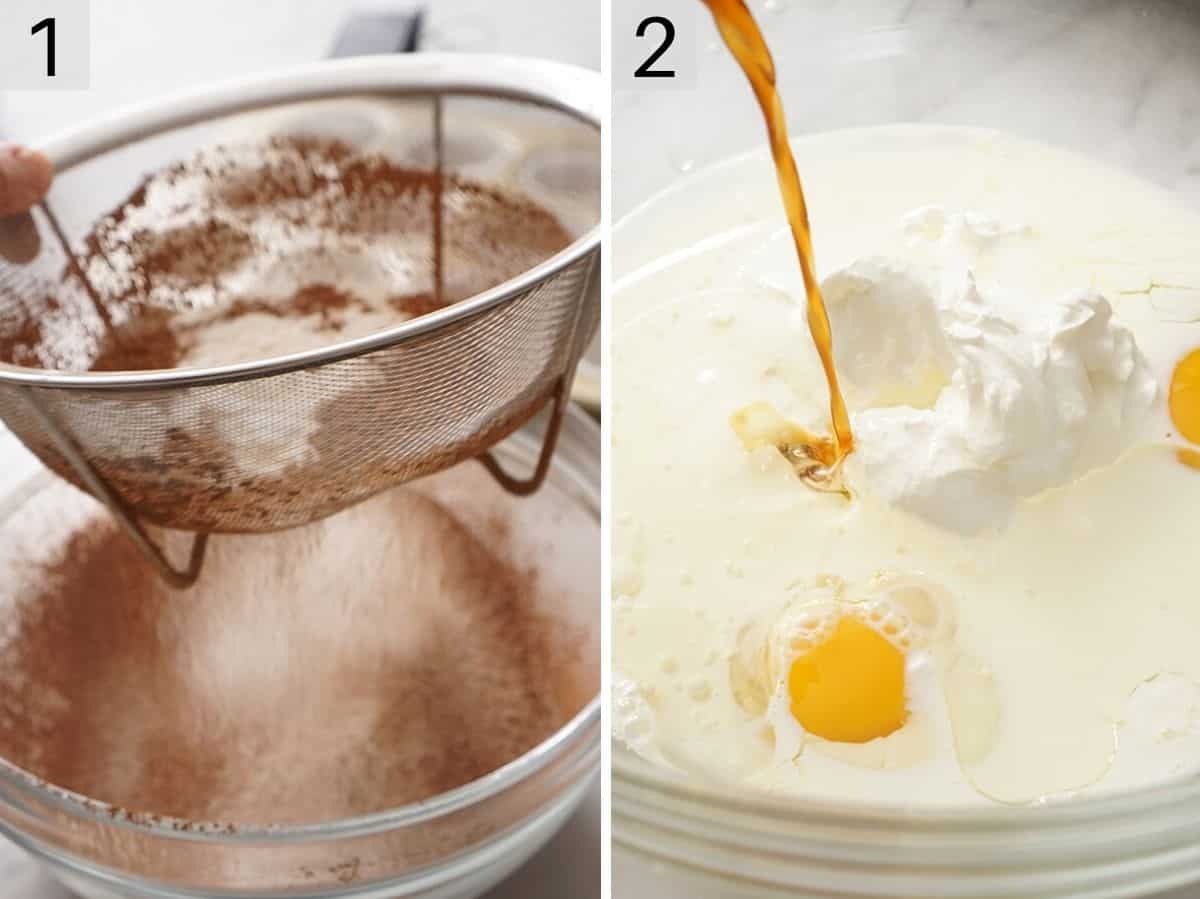 Sifting dry ingredients together and mixng wet ingredients together in a bowl