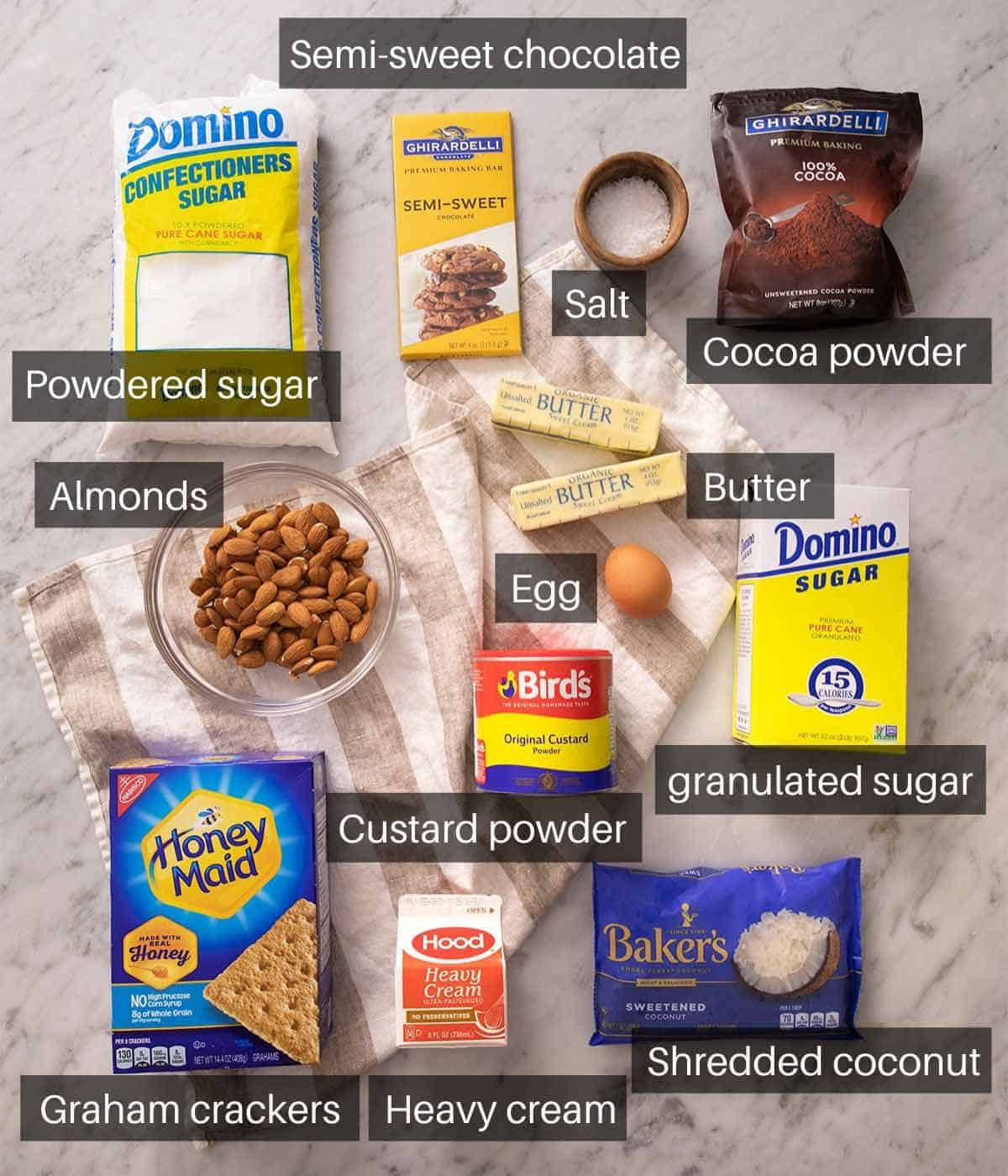 An overhead shot of all the ingredients you need to make Nanaimo bars
