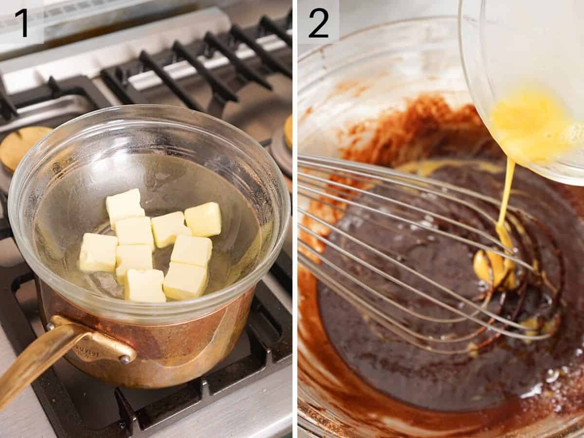 Two photos showing how to melt butter and chocolate in a double boiler