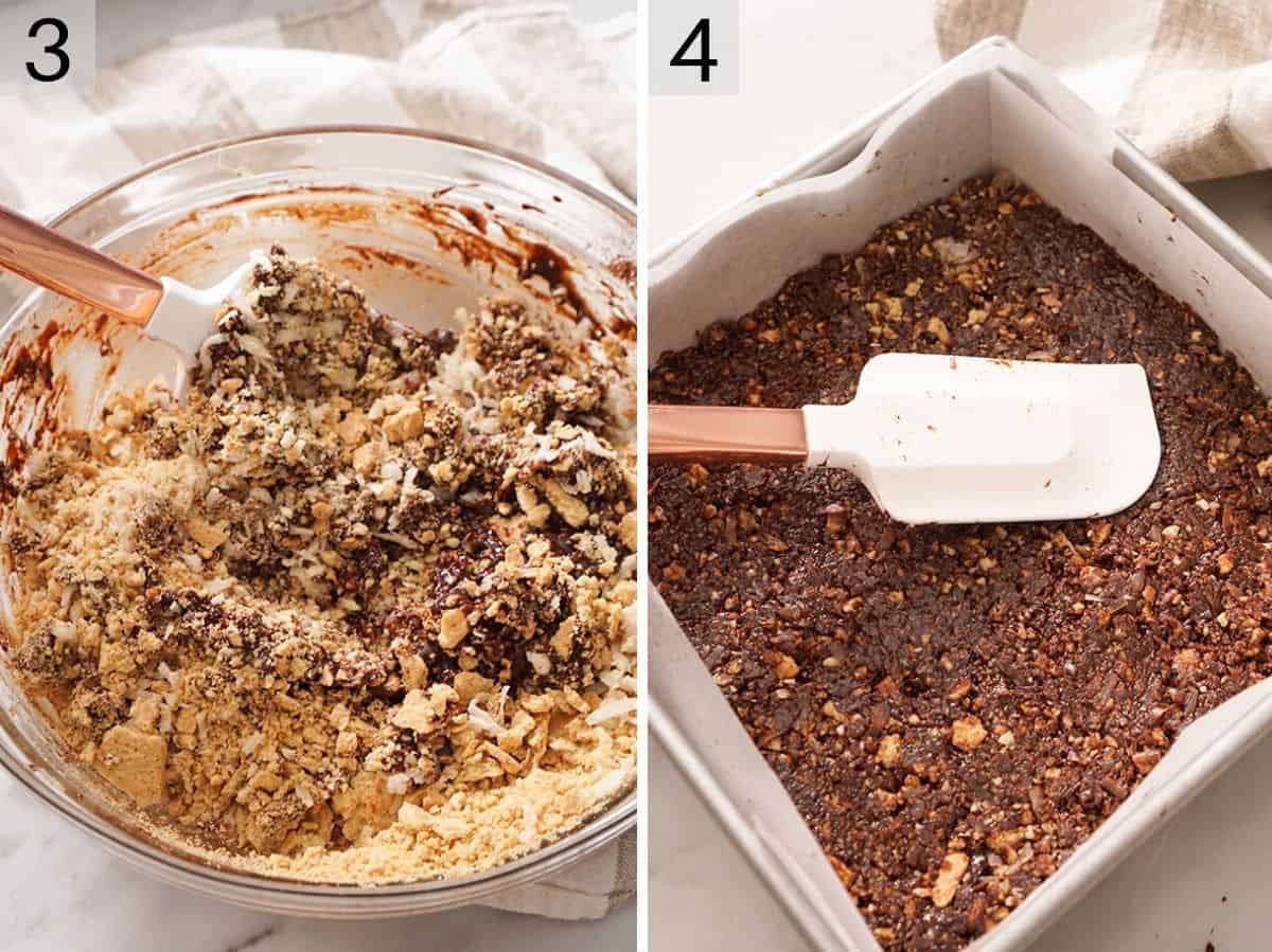 Two photos showing how to make the bottom layer of Nanaimo bars