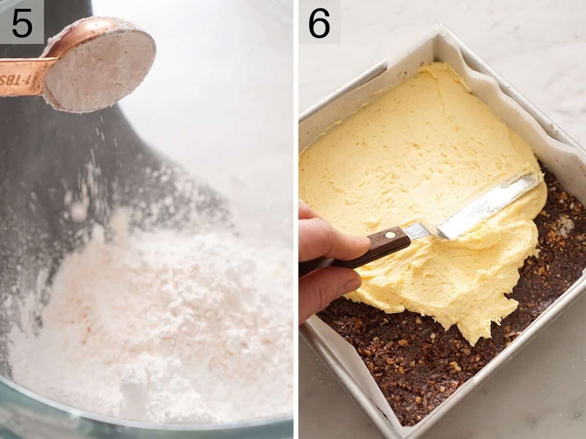 Two photos showing how to make the middle layer of Nanaimo bars