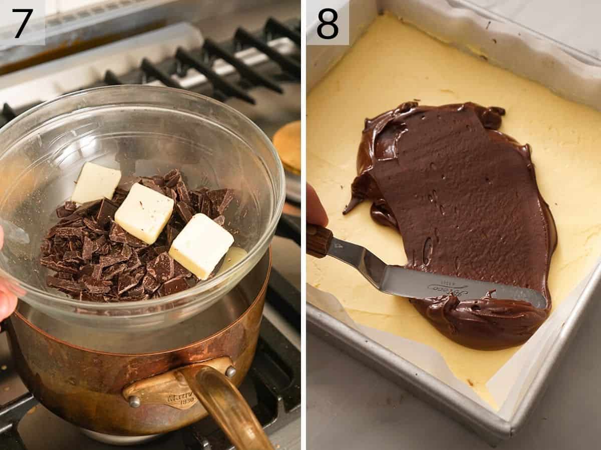 Two photos showing how to melt chocolate for the top layer of Nanaimo bars