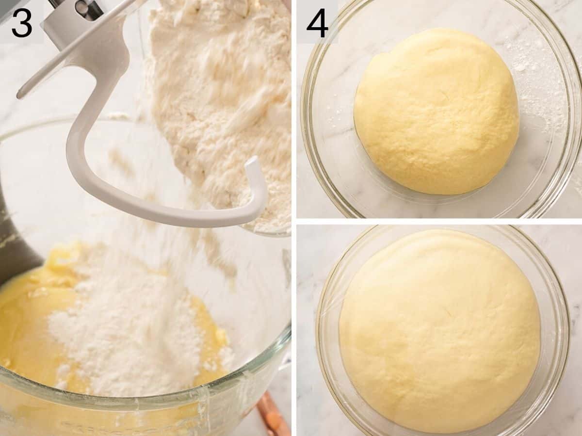 Flour getting added to a stand mixer and two photos showing Pan Dulce dough before and after proving