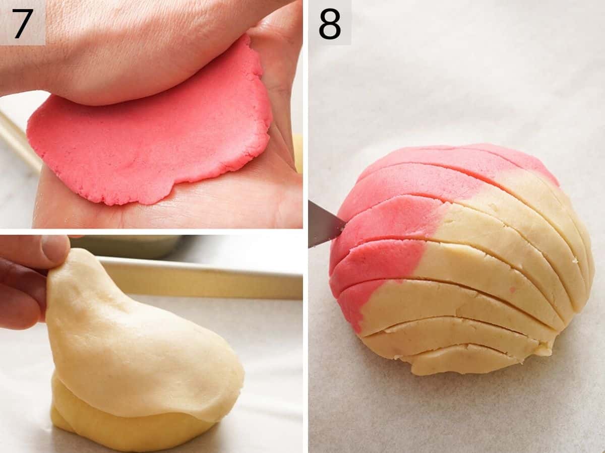 Two photos showing how to cover the Pan Dulce with colorful dough and score it to make patterns