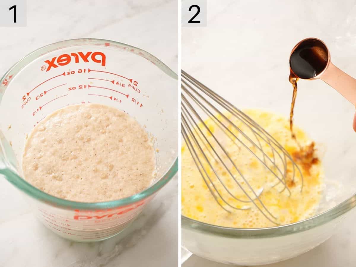 Yeast gettng activated in warm milk and another photo showing vanilla getting added to whisked eggs and sugar