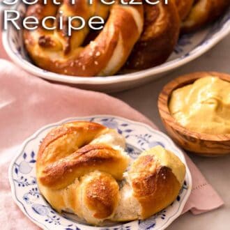 Pinterest graphic of a soft pretzel on a plate.