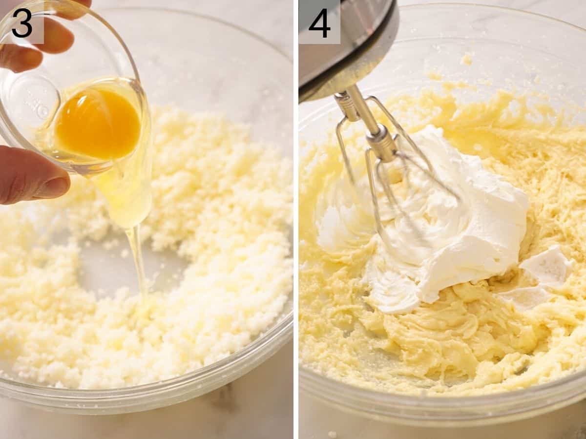 Adding an egg and sour cream to a bowl