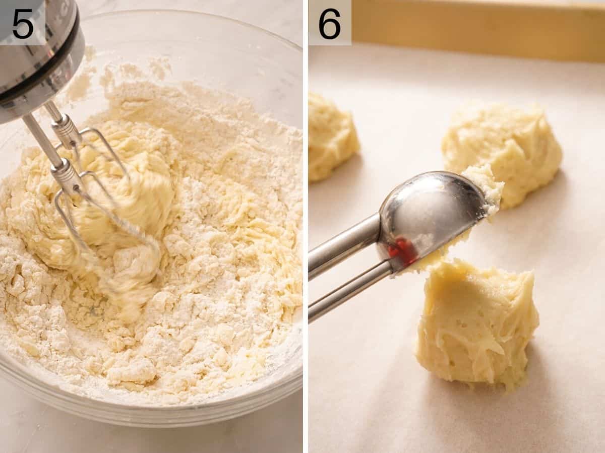 Mixing a cookie batter in a bowl and scopping them out onto a baking sheet