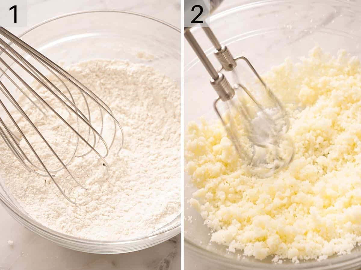 Dry ingredients in a bowl and creaming butter and sugar together in a separate bowl