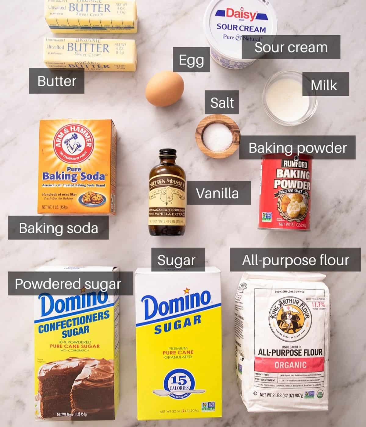 An overhead shot of all the ingredients you need to make sour cream cookies