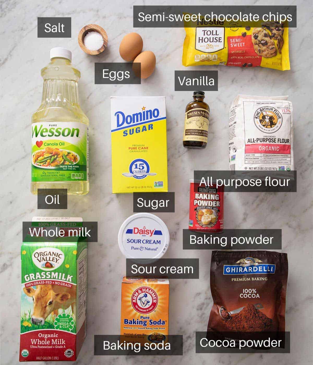 An overhead shot of all the ingredients you need to make chocolate muffins