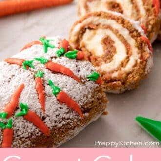 A pinterest graphic of a carrot cake roll