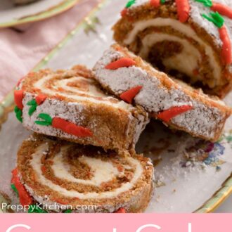 A pinterest graphic of a carrot cake roll