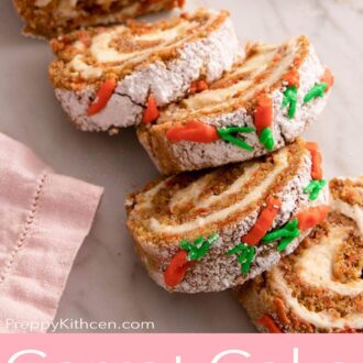 A pinterest graphic of a carrot cake roll