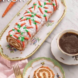A pinterest graphic of a carrot cake roll