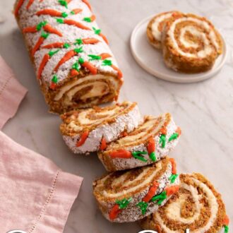 A pinterest graphic of a carrot cake roll