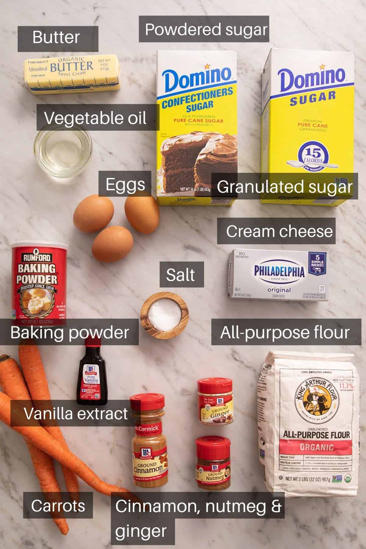 An overhead shot of all the ingredients needed to make a carrot cake roll
