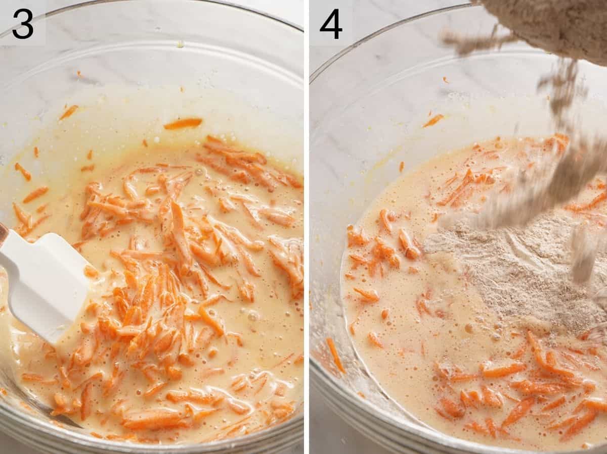 Two photos showing what a carrot cake roll batter
