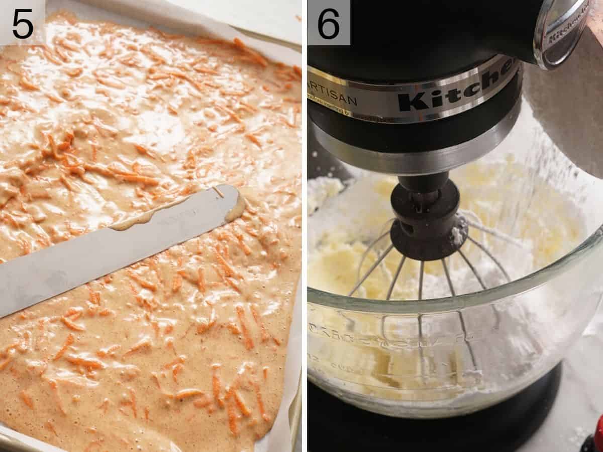 Carrot cake roll in a sheet pan ready to be baked and the frosting getting made in a stand mixer