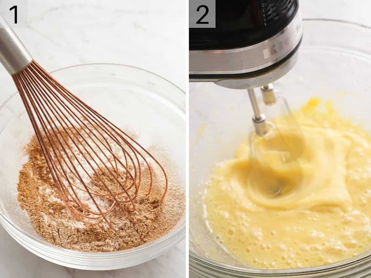 Dry ingredients getting mixed together in a bowl and eggs and vanilla getting beaten together in another bowl