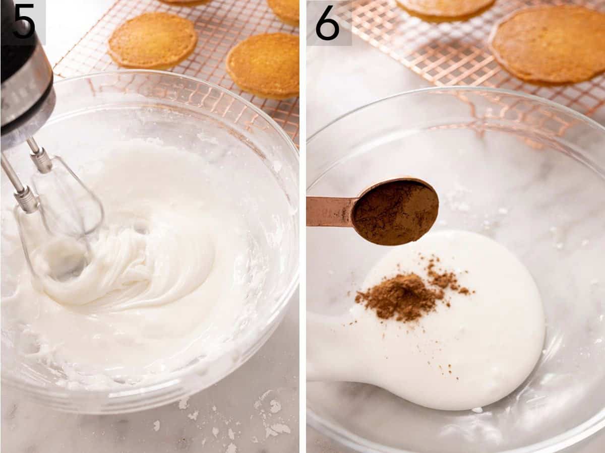 Set of two photos showing icing being made and cocoa powder being added to half.