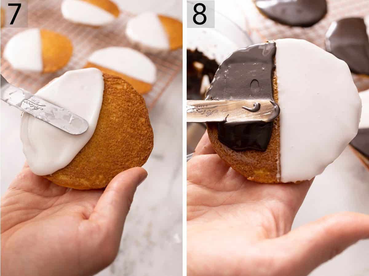Set of two photos showing vanilla icing spread on half the cookie and chocolate on the other half.