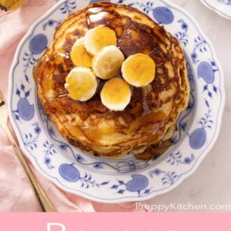 A pinterest graphic of an overhead view of banana pancakes.