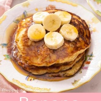A pinterest graphic of banana pancakes coated in maple syrup with banana slices on top.