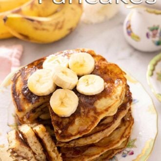 A pinterest graphic of banana pancakes with a portion cut.