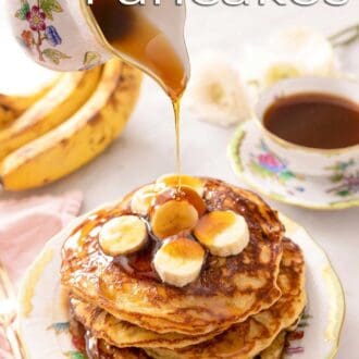 A pinterest graphic of maple syrup poured over banana pancakes.