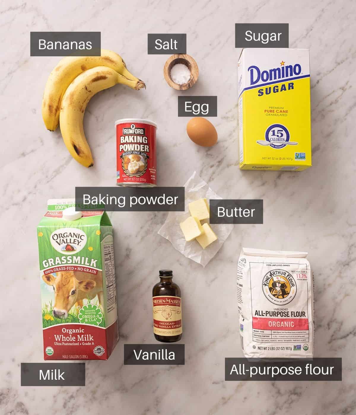An overhead shot showing all the ingredients you need to make banana pancakes