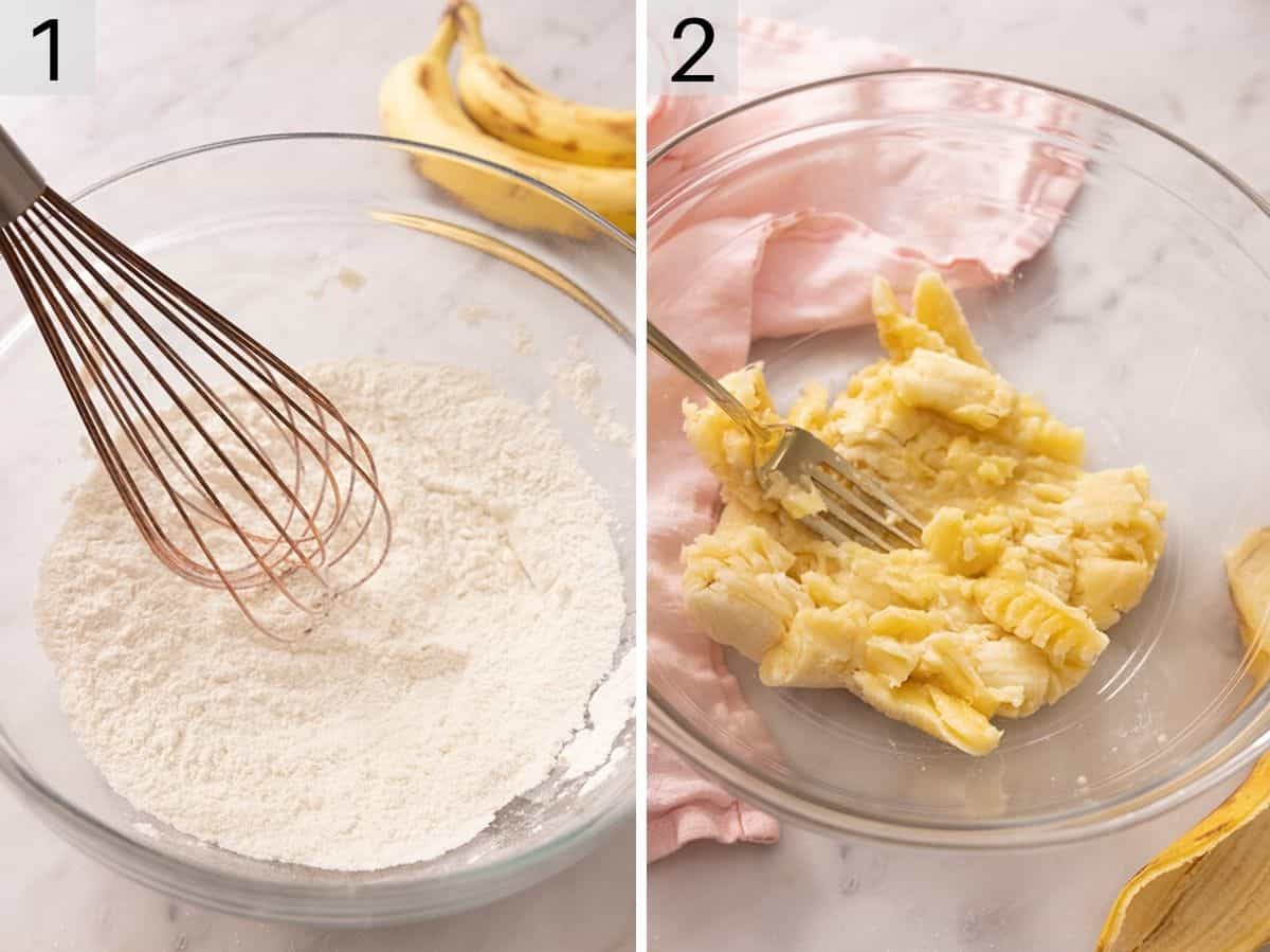 Set of two photos showing dry ingredients whisked in a bowl and bananas mashed in another.