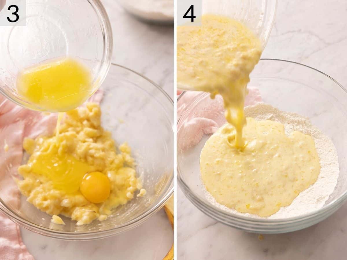 Set of two photos showing wet ingredients combined and poured into dry ingredients. 