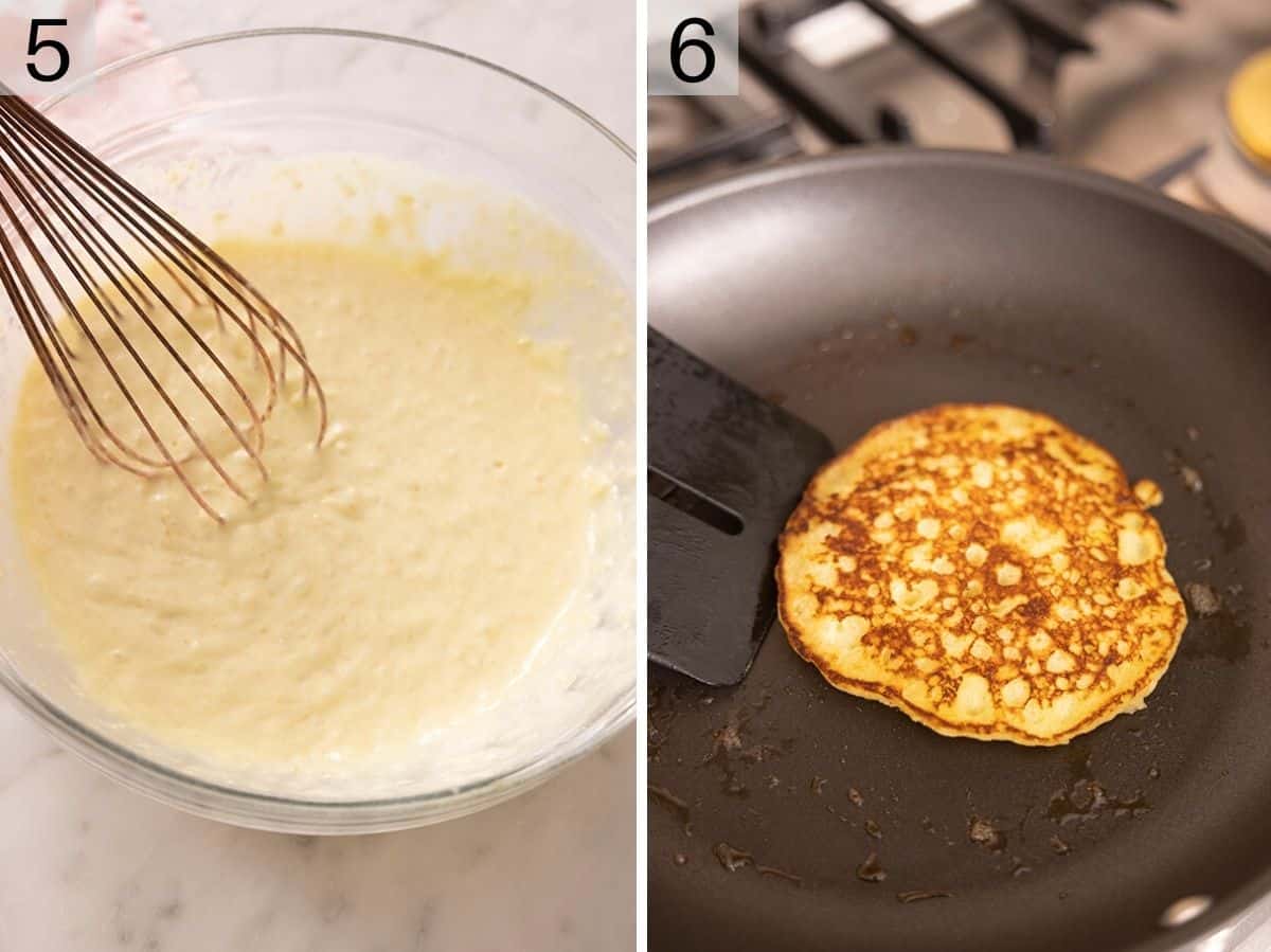 Set of two photos showing batter whisked and pancakes cooked in a skillet. 