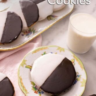 Pinterest graphic of a plate with black and white cookies with milk.