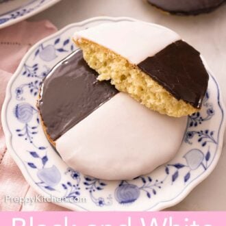 Pinterest graphic of a black and white cookie on a plate and a second one cut in half stacked on top.
