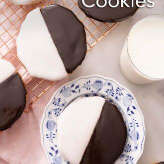 Pinterest graphic of black and white cookies on a cooling rack with one on a plate.