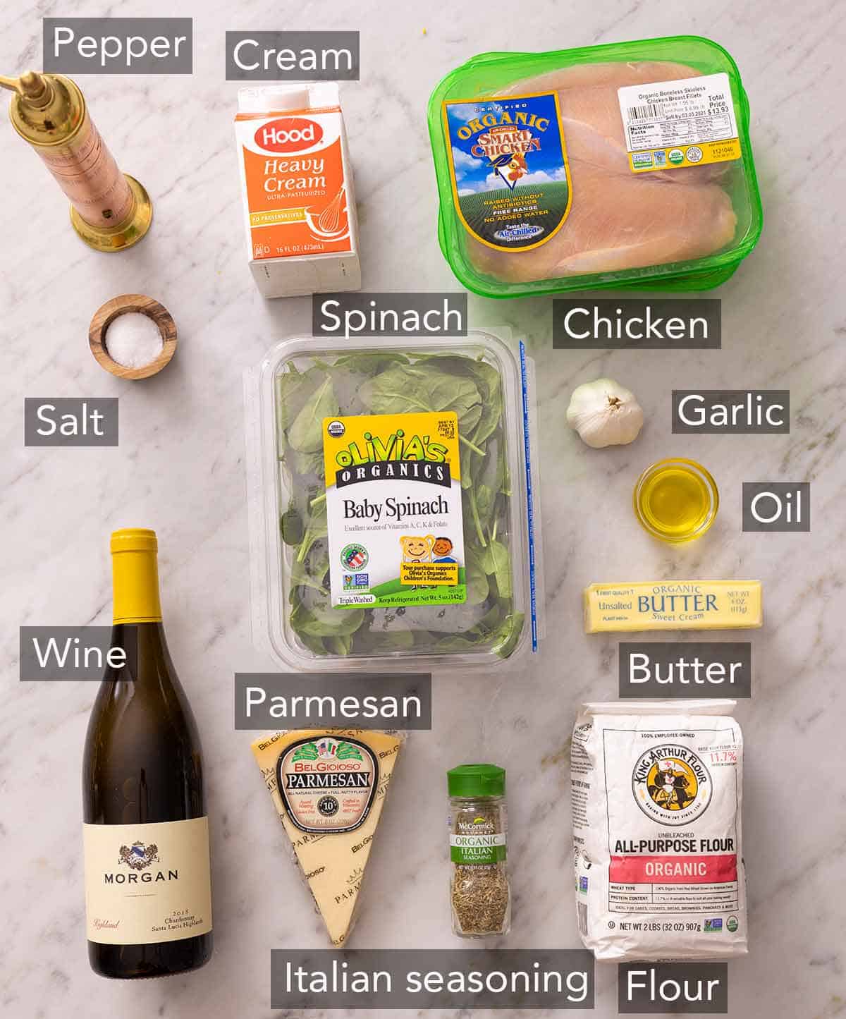 Ingredients needed to make chicken florentine.