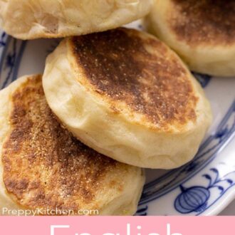 Pinterest graphic showing English muffins on a platter.