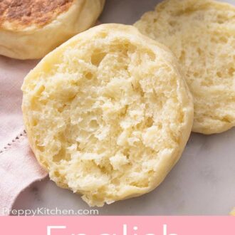 Pinterest graphic showing a halved English muffin.