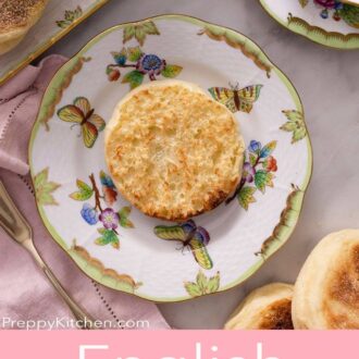 Pinterest graphic showing a toasted English muffin half.