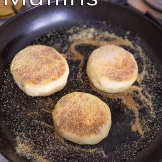 Pinterest graphic showing English muffins cooking in a skillet.