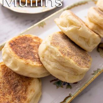 Pinterest graphic showing English muffins on a patterned platter.