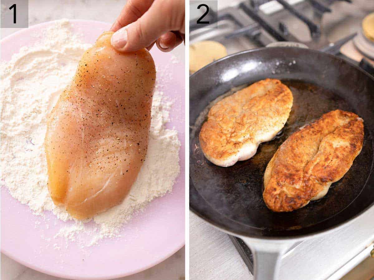 Set of two photos showing seasoned chicken being coated in flour and then seared on a frying pan.