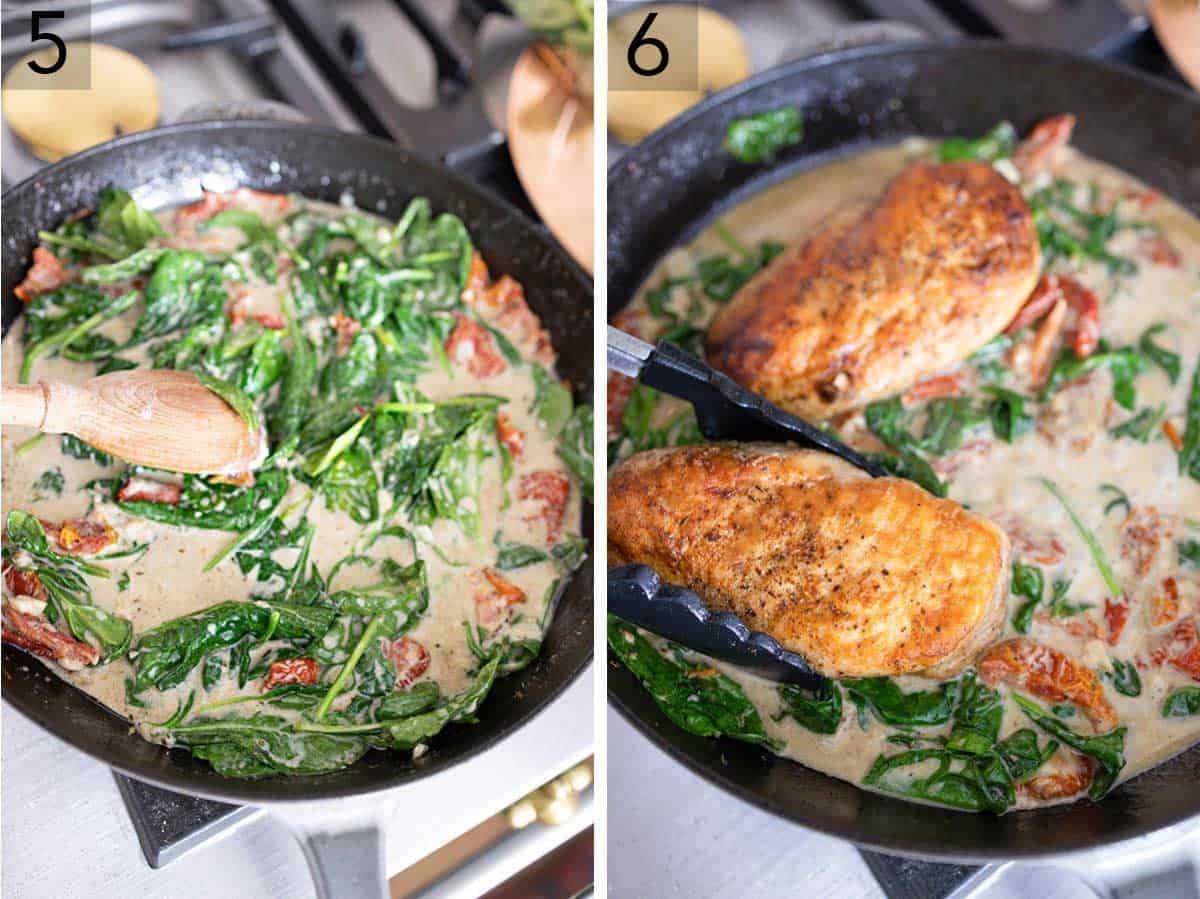 Set of two photos showing spinach being stirred into the pan sauce and then chicken breasts being added back in.