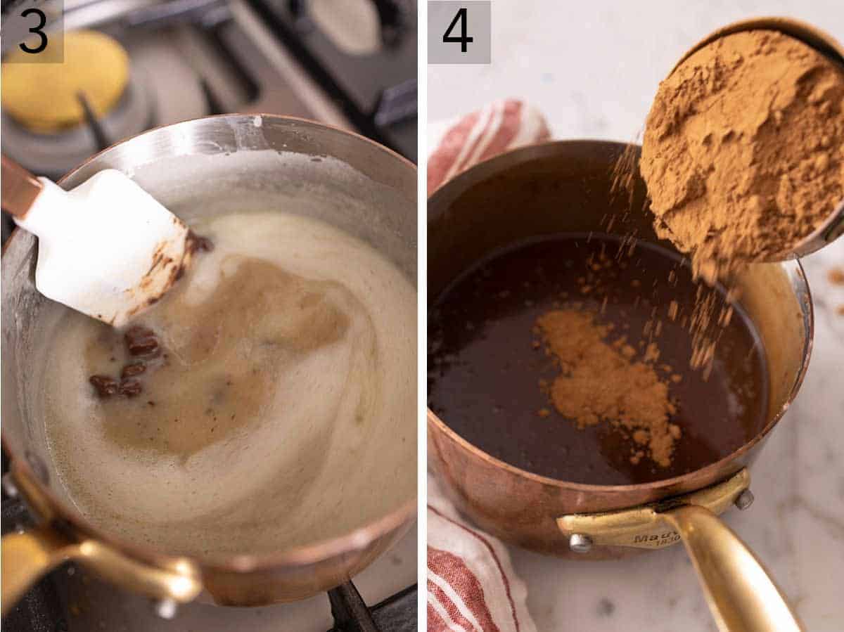 Set of two photos showing chocolate being melted in the sauce pan and then cocoa powder added.